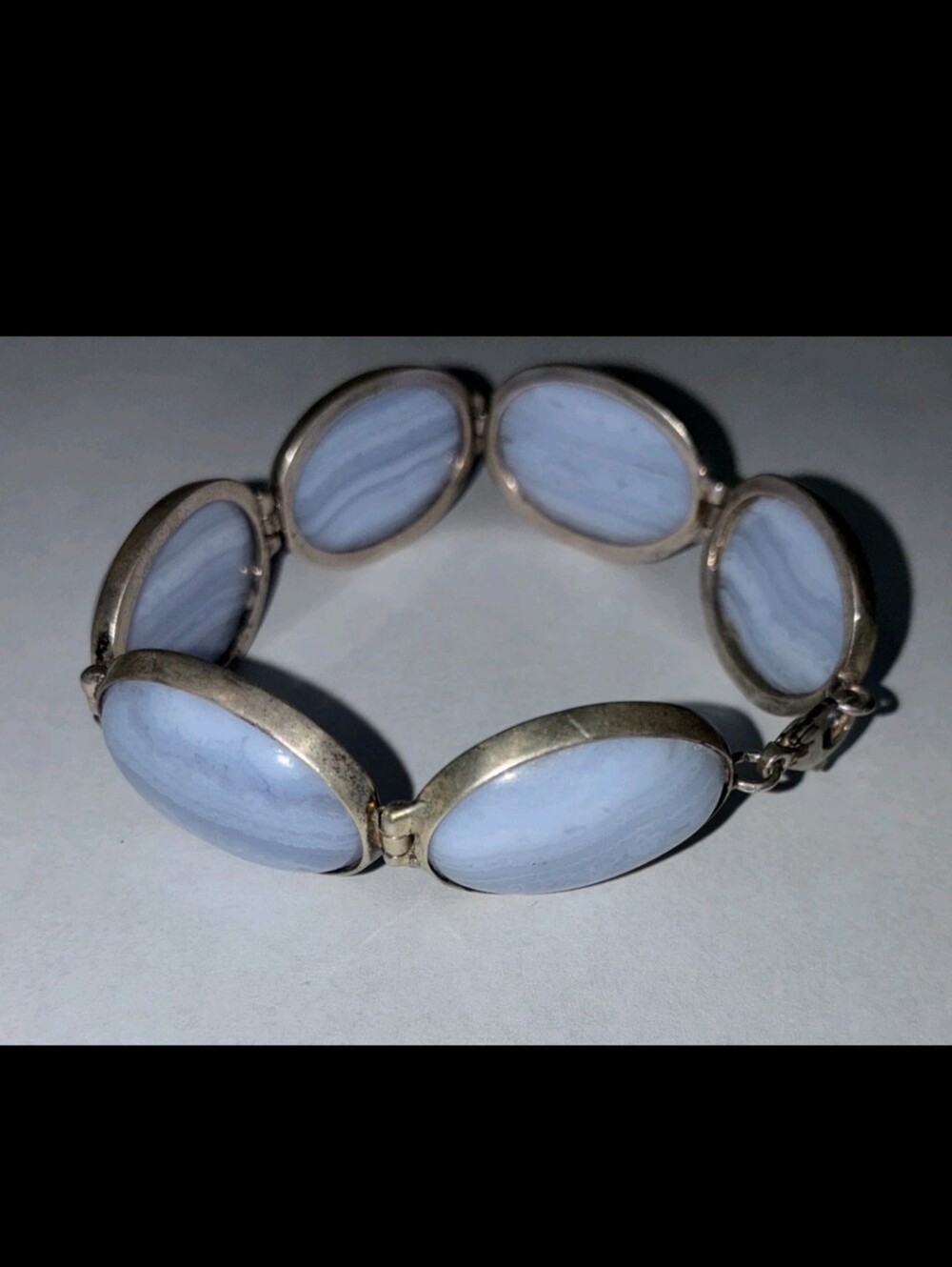 Vintage Mexico Blue Lace Agate Oval Link Bracelet Sterling Silver